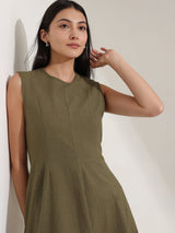 Linen Blend Solid Fit and Flare Dress - Olive