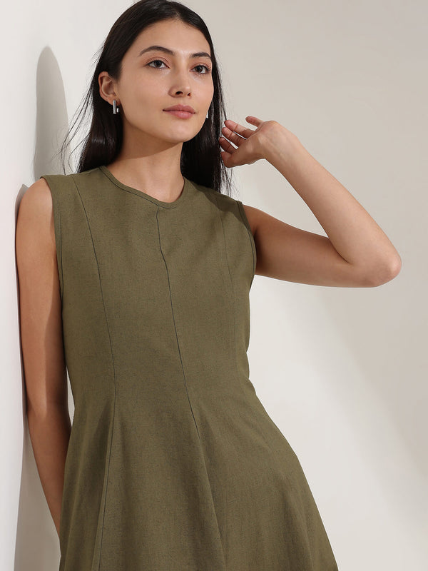 Linen Blend Solid Fit and Flare Dress - Olive