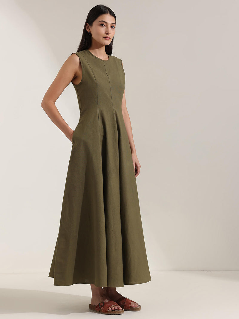Linen Blend Solid Fit and Flare Dress - Olive