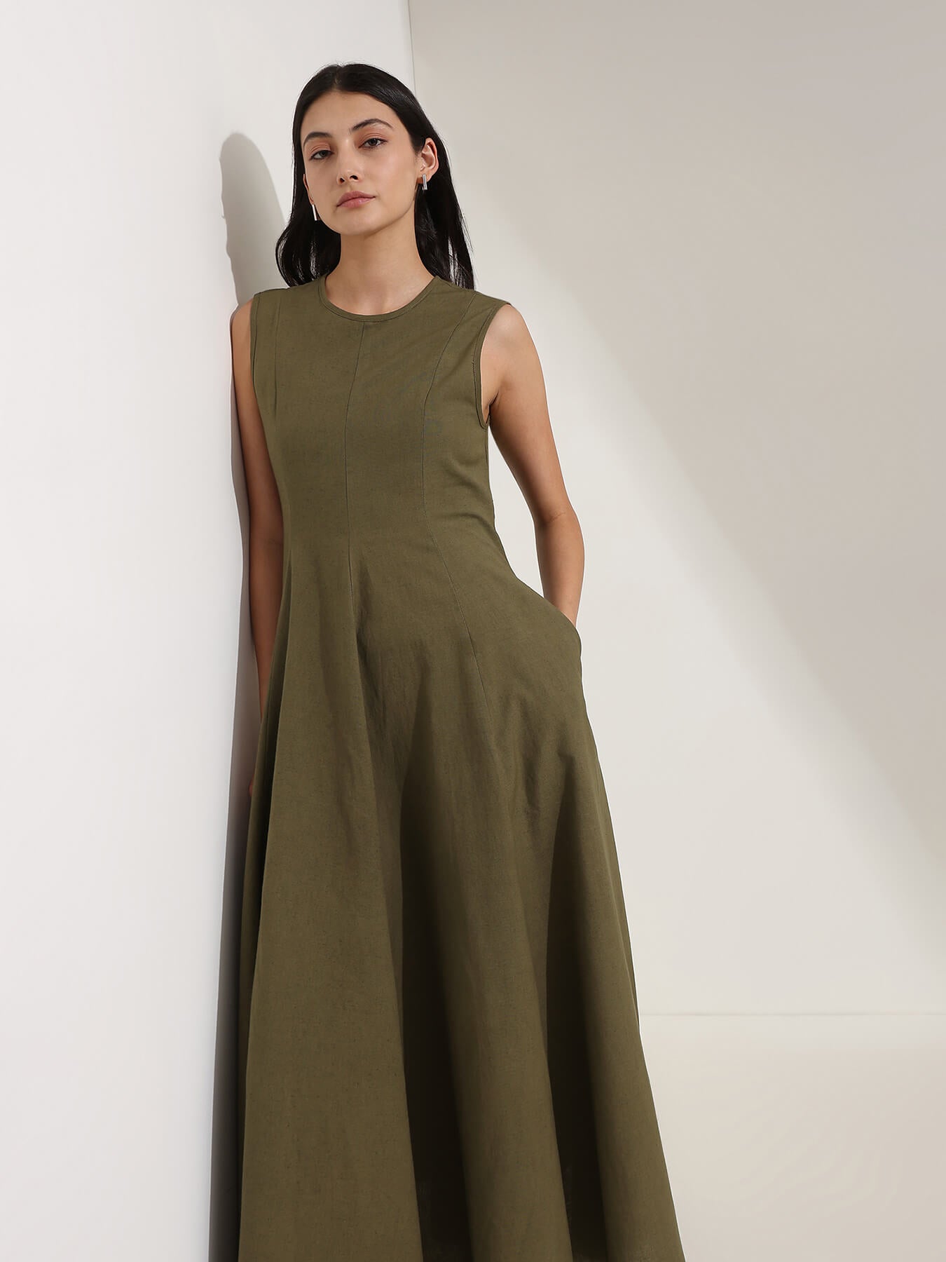 Linen Blend Solid Fit and Flare Dress - Olive