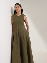 Linen Blend Solid Fit and Flare Dress - Olive