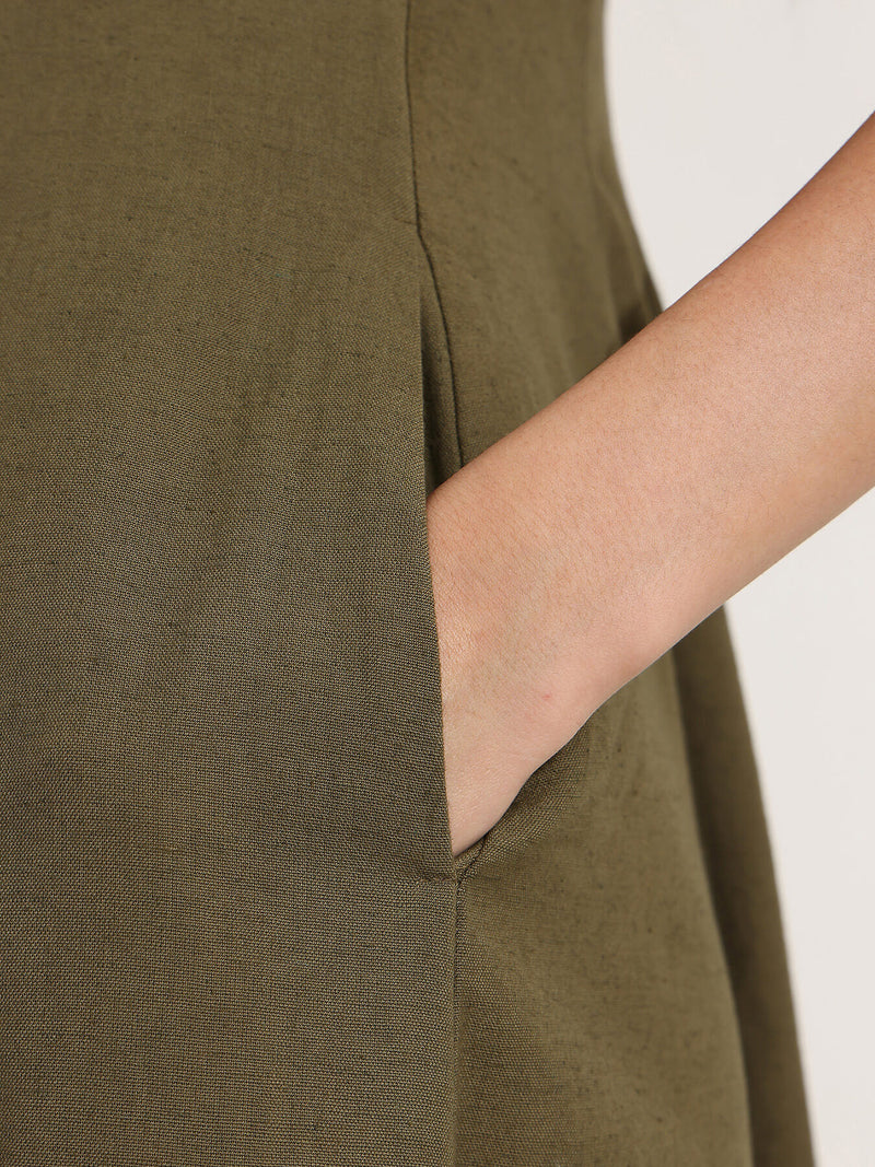 Linen Blend Solid Fit and Flare Dress - Olive