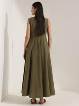 Linen Blend Solid Fit and Flare Dress - Olive