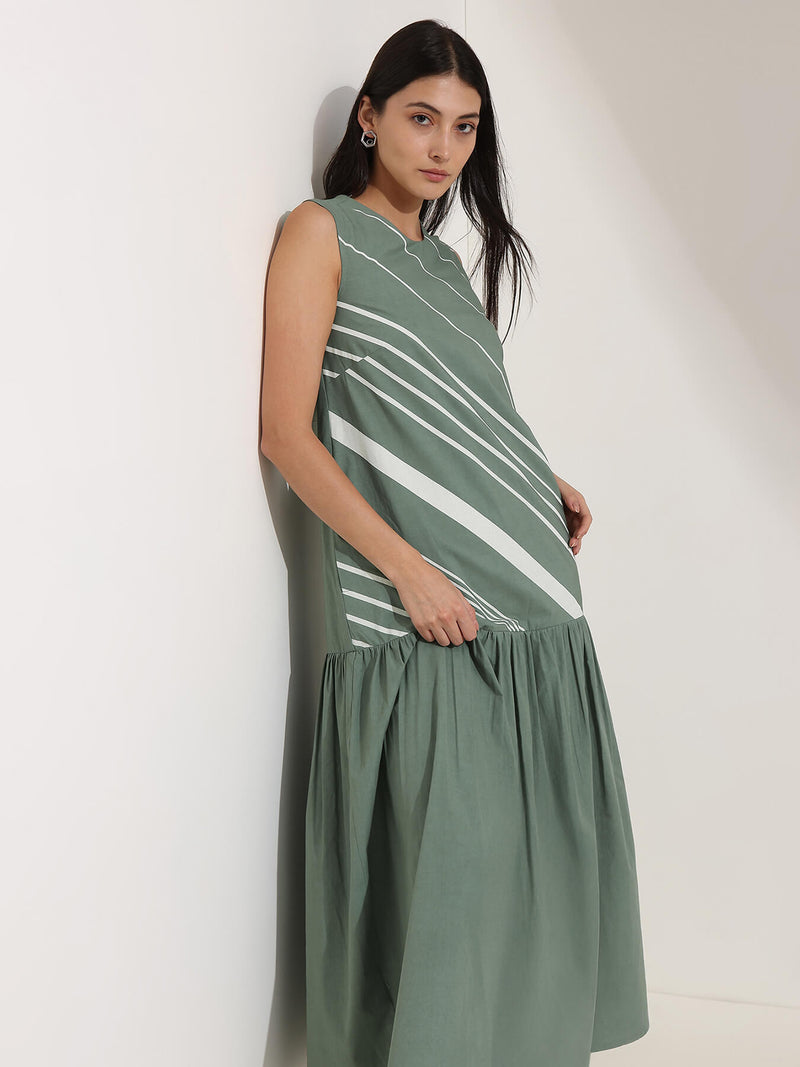 Cotton Striped A-Line Dress - Green