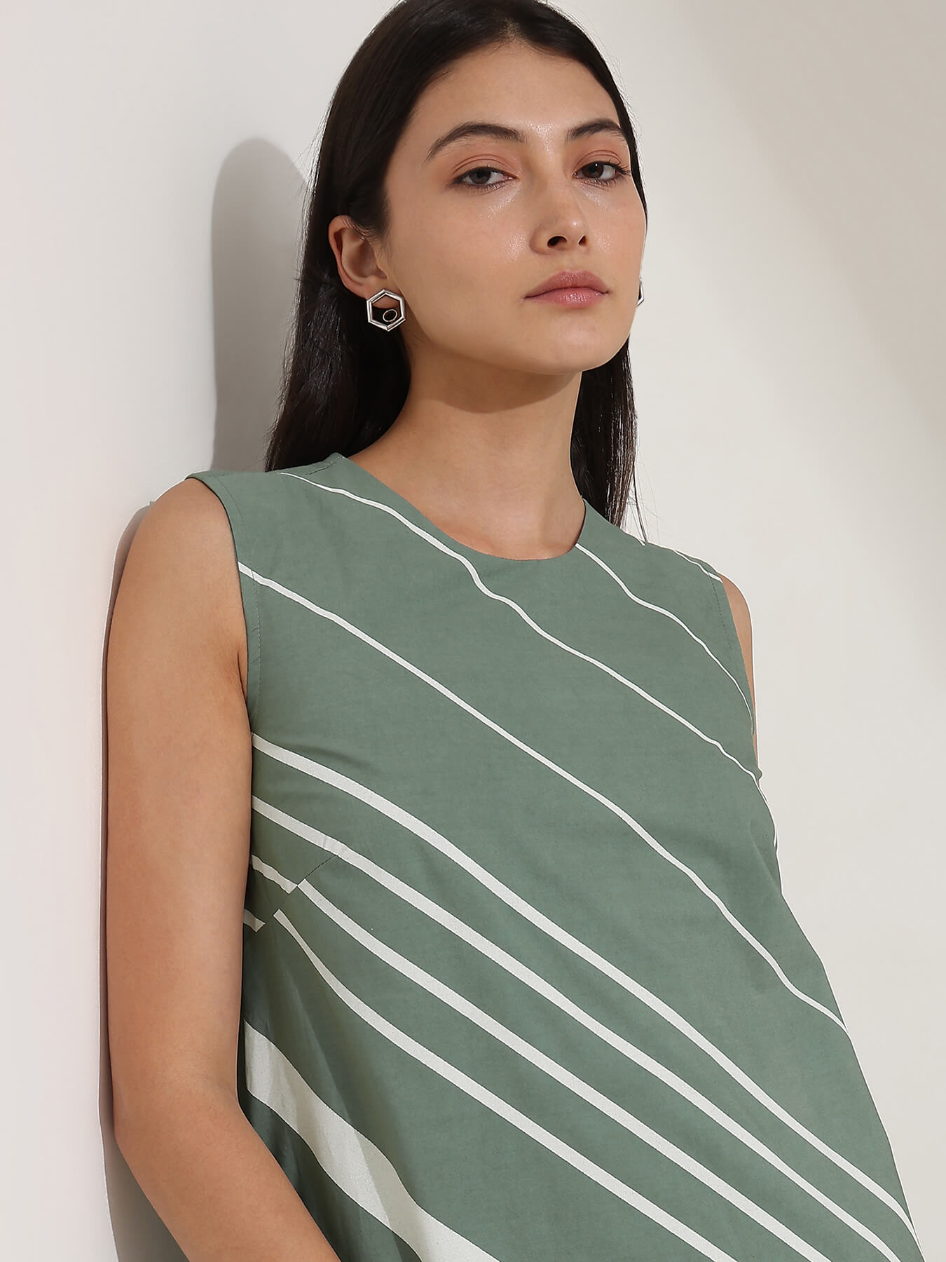 Cotton Striped A-Line Dress - Green