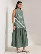 Cotton Striped A-Line Dress - Green