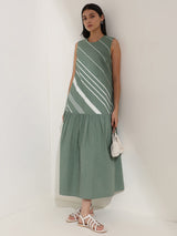 Cotton Striped A-Line Dress - Green