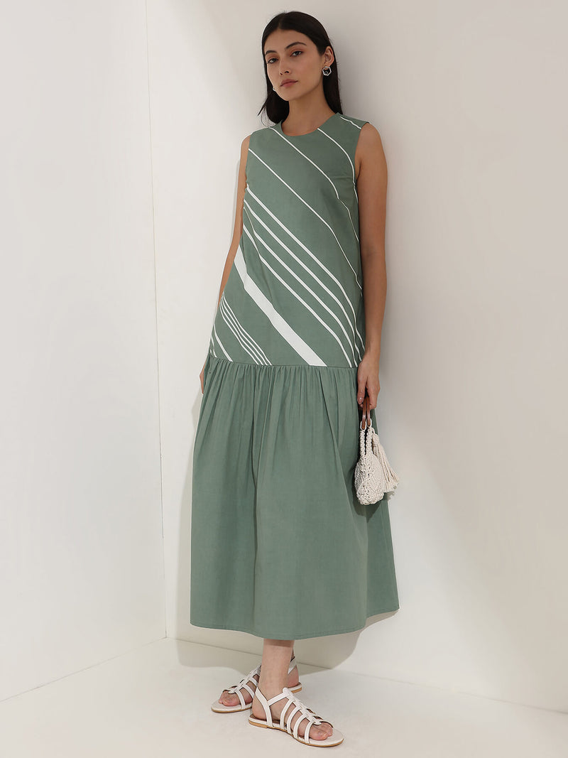 Cotton Striped A-Line Dress - Green