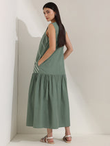 Cotton Striped A-Line Dress - Green