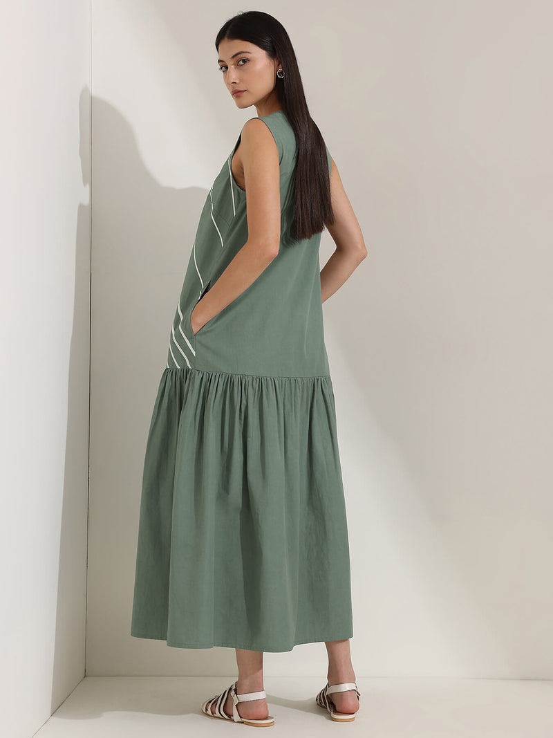 Cotton Striped A-Line Dress - Green