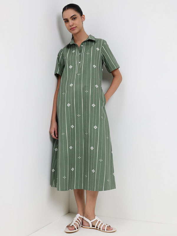 Cotton Striped A-Line Dress - Green