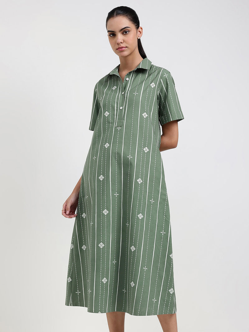 Cotton Striped A-Line Dress - Green