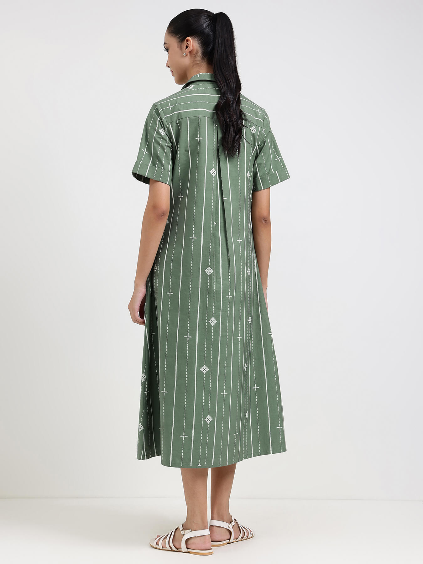 Cotton Striped A-Line Dress - Green
