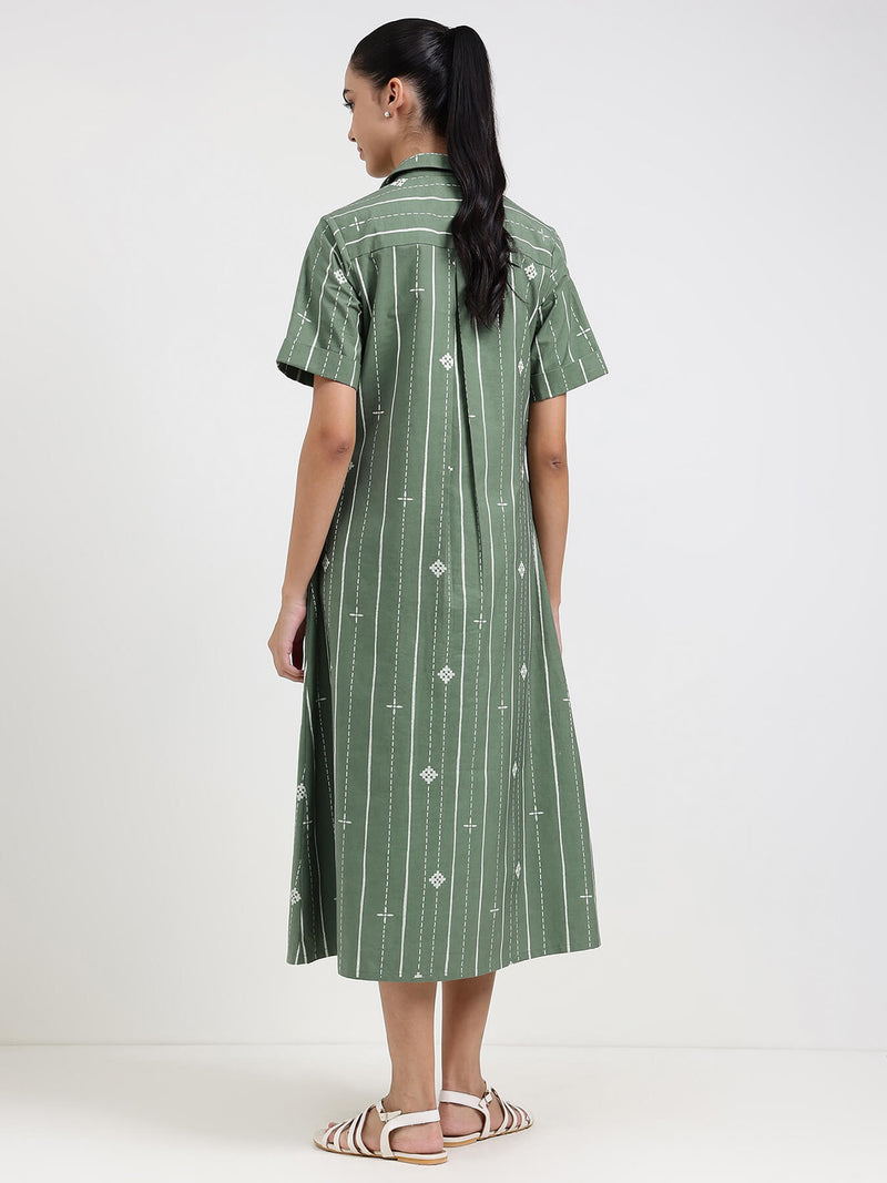 Cotton Striped A-Line Dress - Green