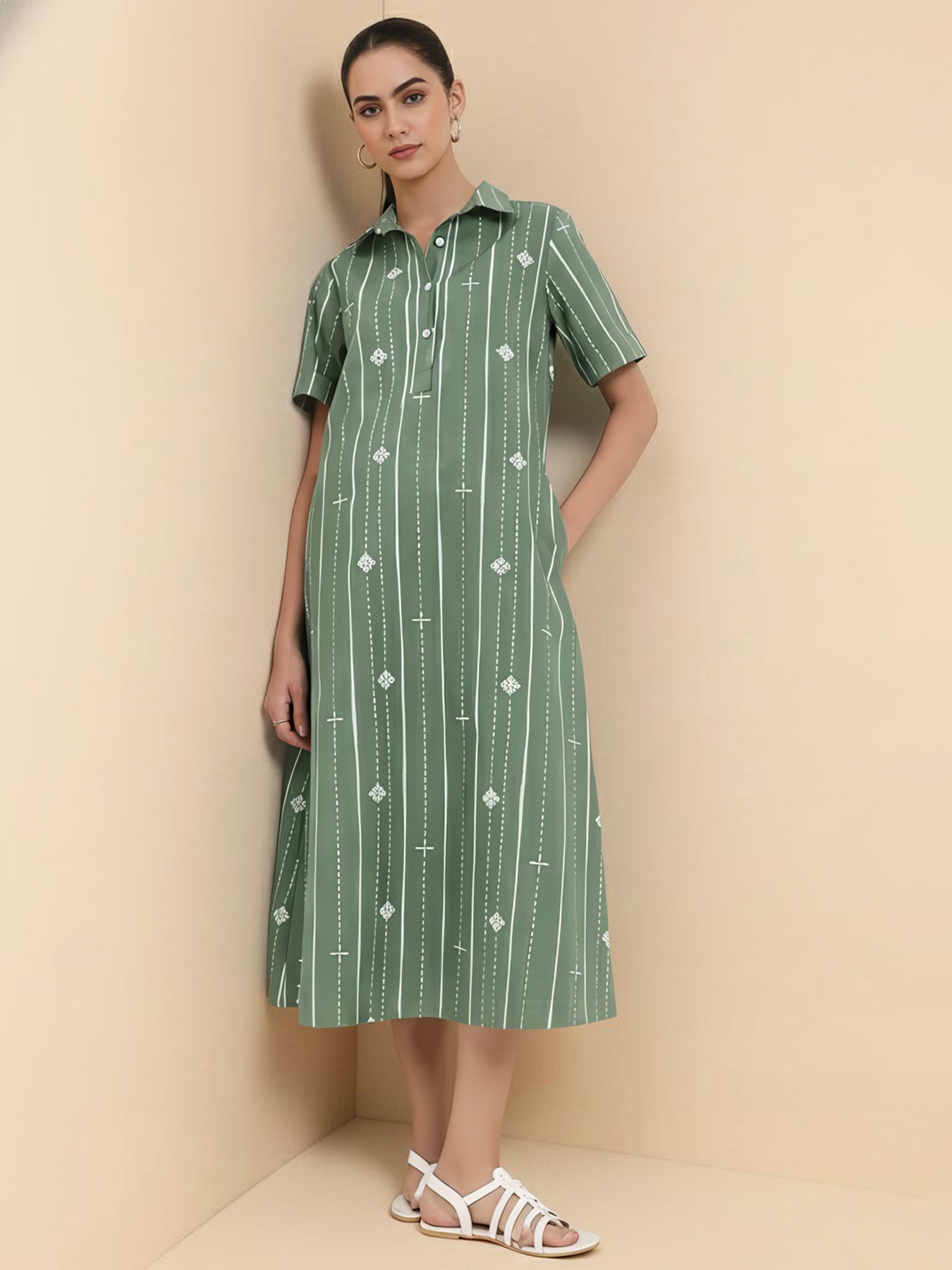 Cotton Striped A-Line Dress - Green