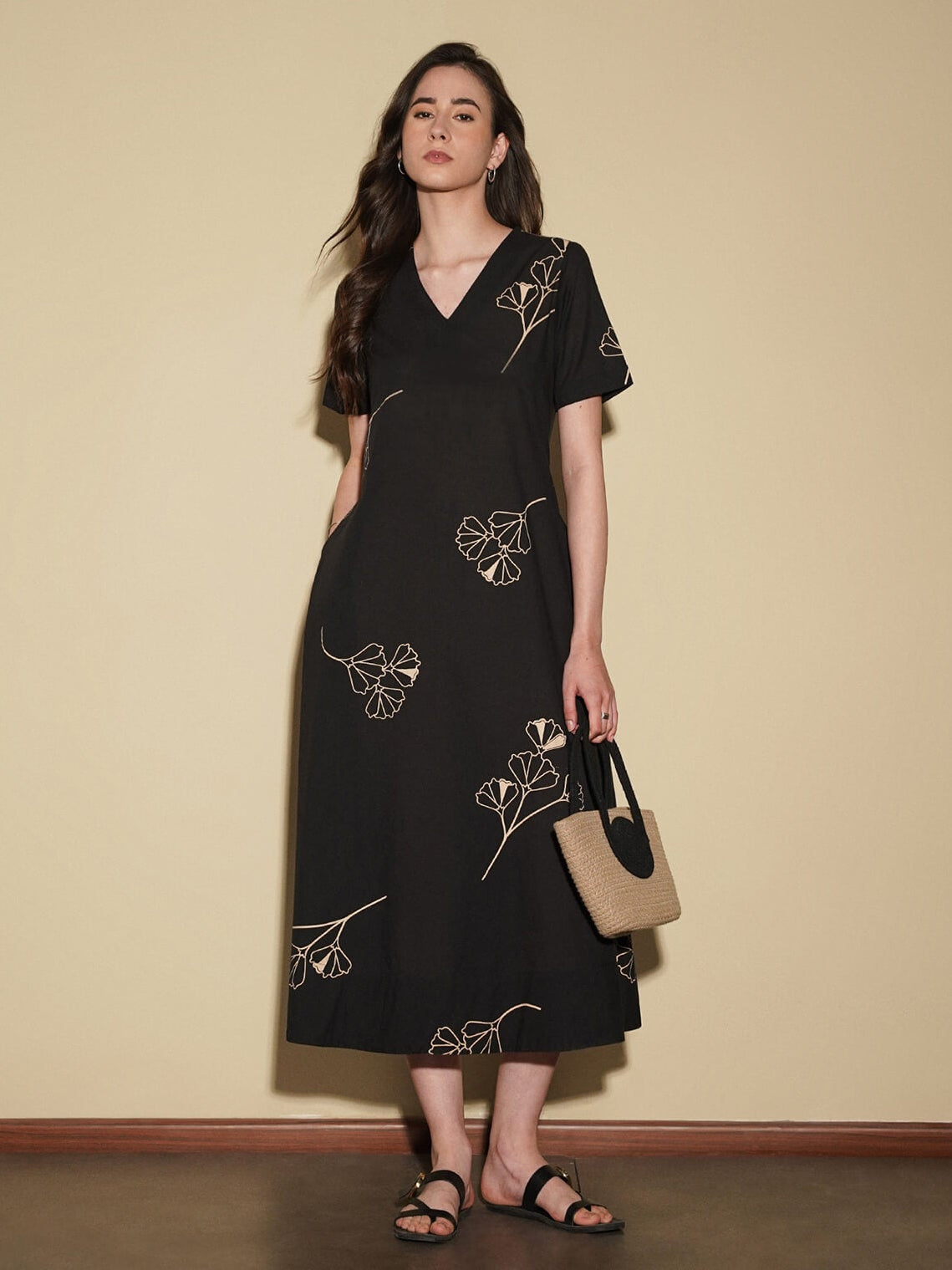 Cotton Floral Fit and Flare Dress - Black