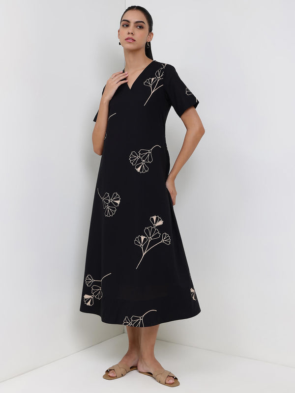 Cotton Floral Fit and Flare Dress - Black