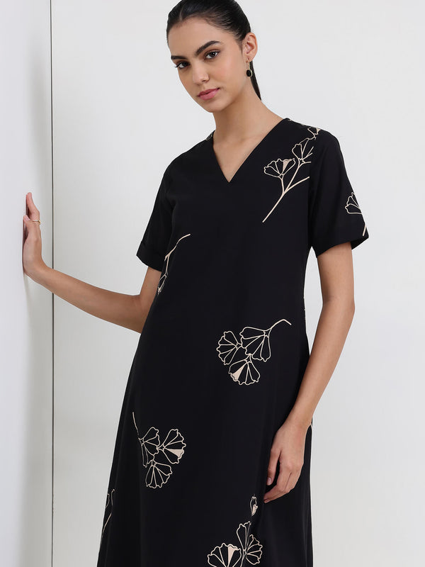 Cotton Floral Fit and Flare Dress - Black
