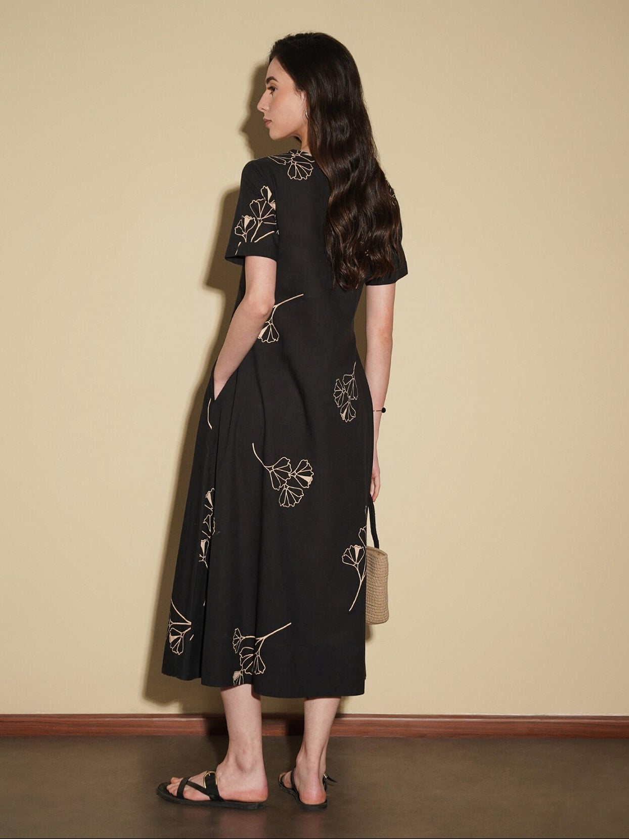 Cotton Floral Fit and Flare Dress - Black