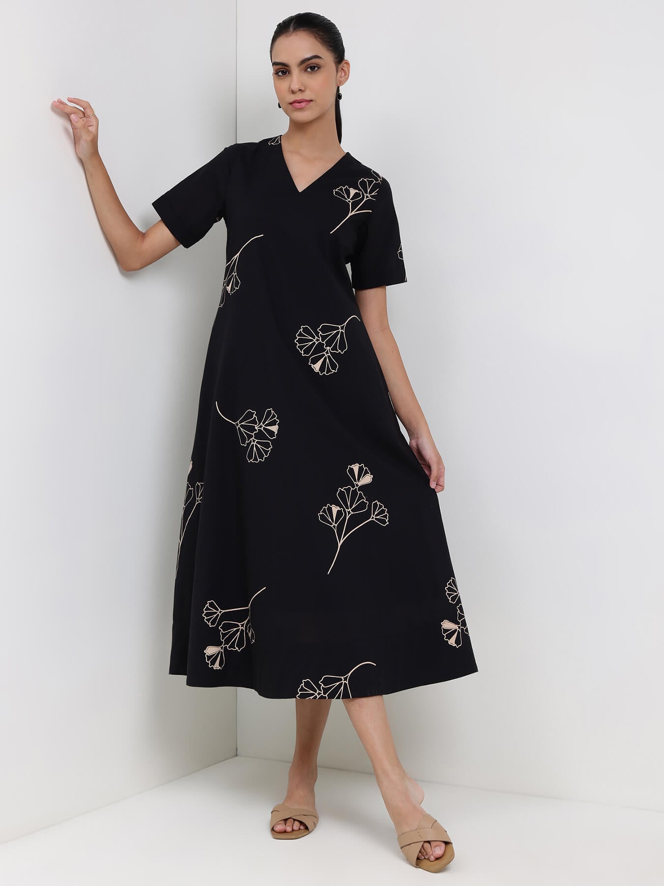 Cotton Floral Fit and Flare Dress - Black