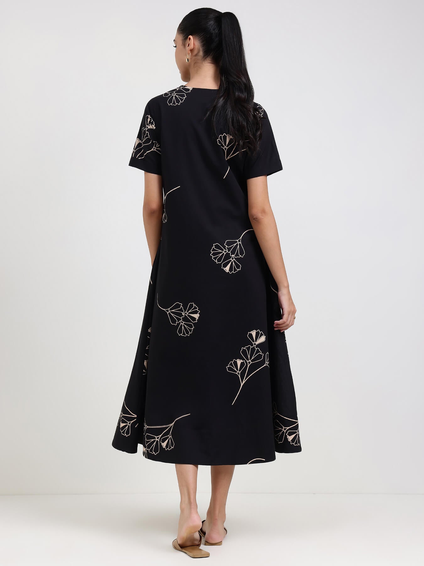 Cotton Floral Fit and Flare Dress - Black