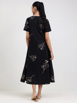 Cotton Floral Fit and Flare Dress - Black