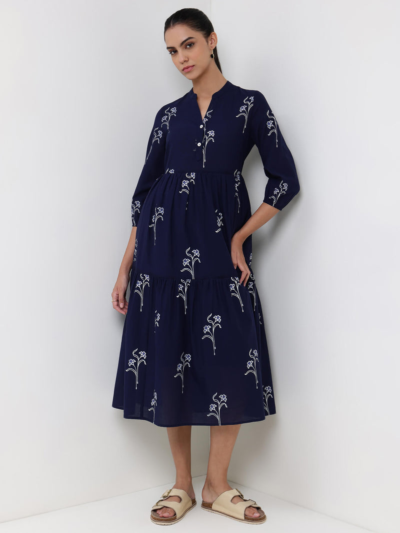 Cotton Floral Fit and Flare Dress - Navy Blue