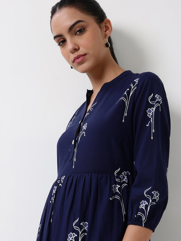 Cotton Floral Fit and Flare Dress - Navy Blue