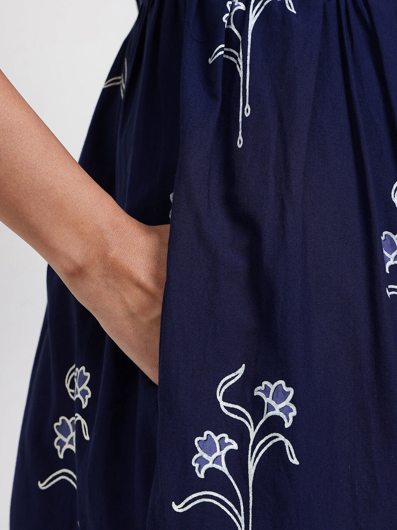 Cotton Floral Fit and Flare Dress - Navy Blue