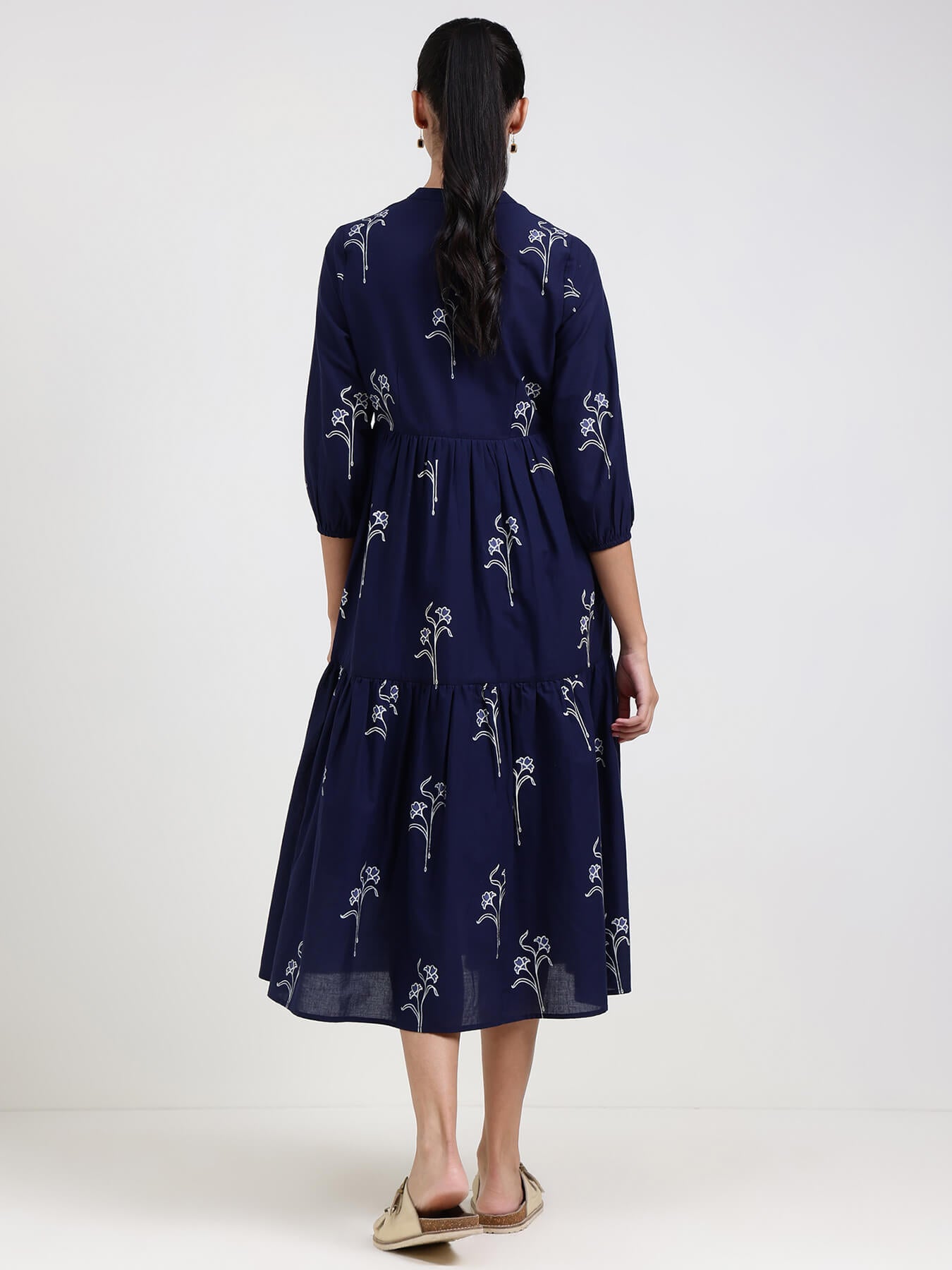 Cotton Floral Fit and Flare Dress - Navy Blue