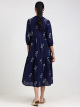 Cotton Floral Fit and Flare Dress - Navy Blue