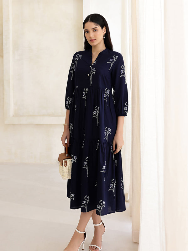 Cotton Floral Fit and Flare Dress - Navy Blue
