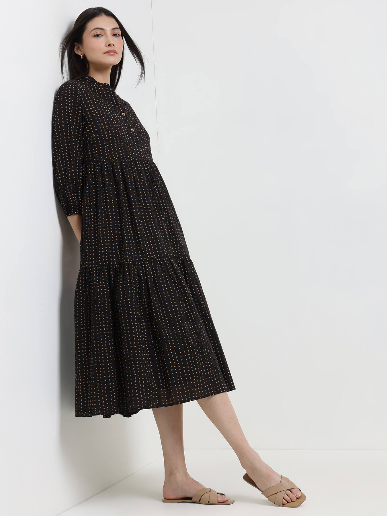 Cotton Polka Fit and Flare Dress - Black