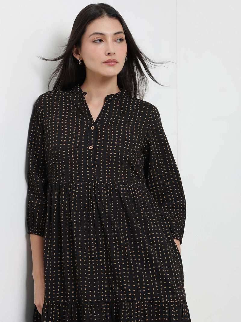 Cotton Polka Fit and Flare Dress - Black