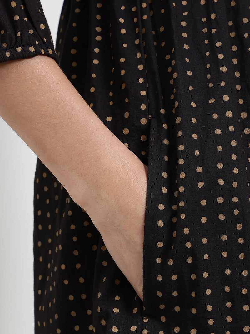 Cotton Polka Fit and Flare Dress - Black