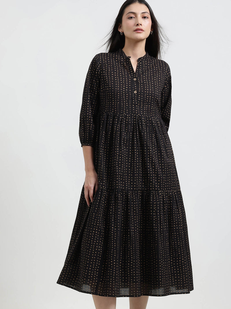 Cotton Polka Fit and Flare Dress - Black