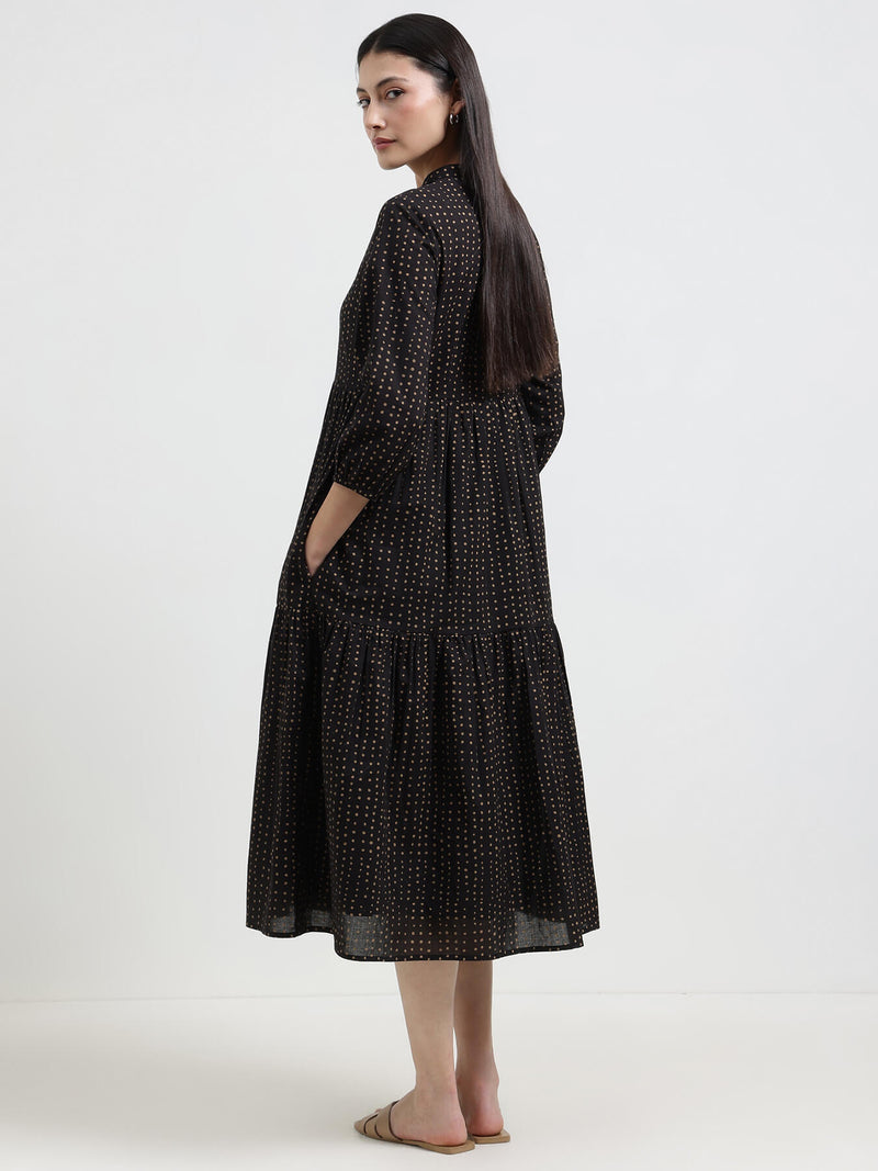 Cotton Polka Fit and Flare Dress - Black