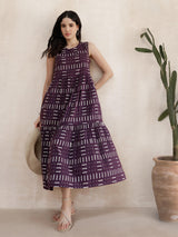 Cotton Geometric Fit and Flare Dress - Purple