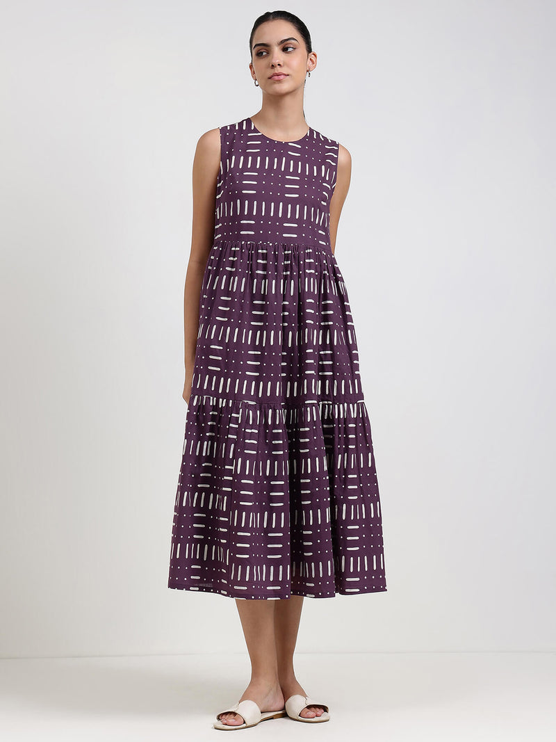 Cotton Geometric Fit and Flare Dress - Purple