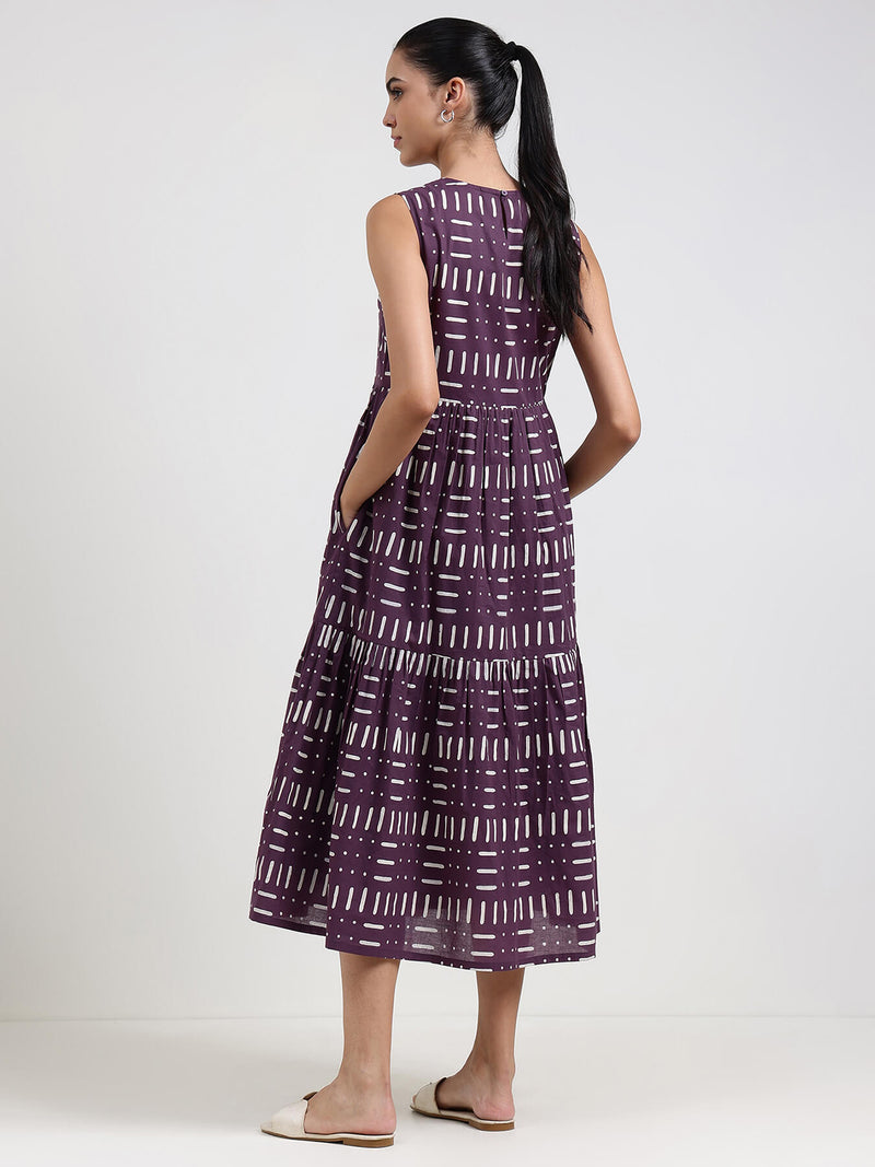 Cotton Geometric Fit and Flare Dress - Purple