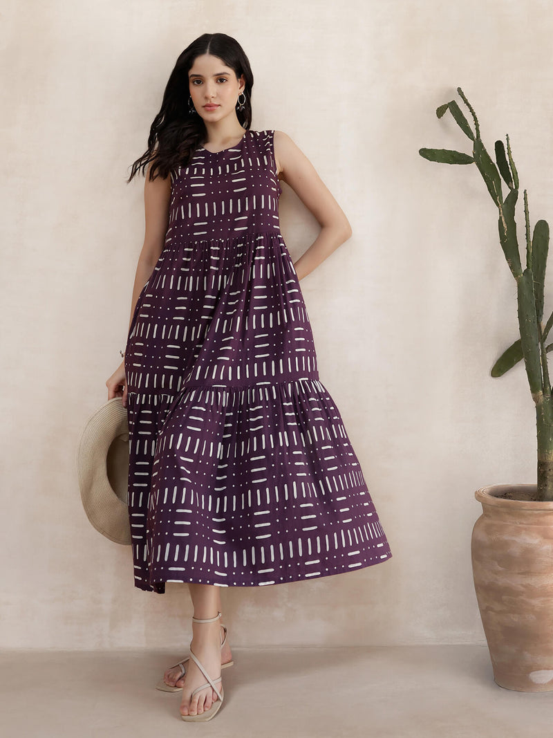 Cotton Geometric Fit and Flare Dress - Purple