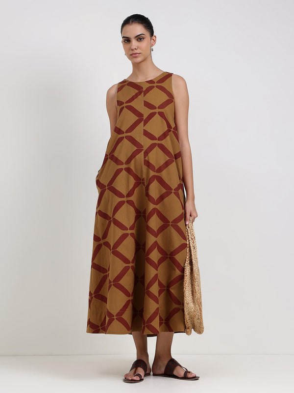 Cotton Geometric A-Line Dress - Mustard