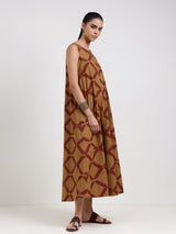 Cotton Geometric A-Line Dress - Mustard