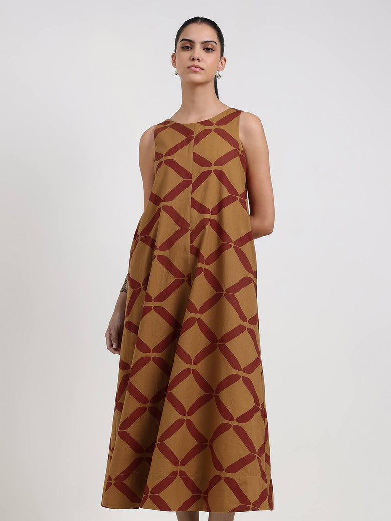 Cotton Geometric A-Line Dress - Mustard
