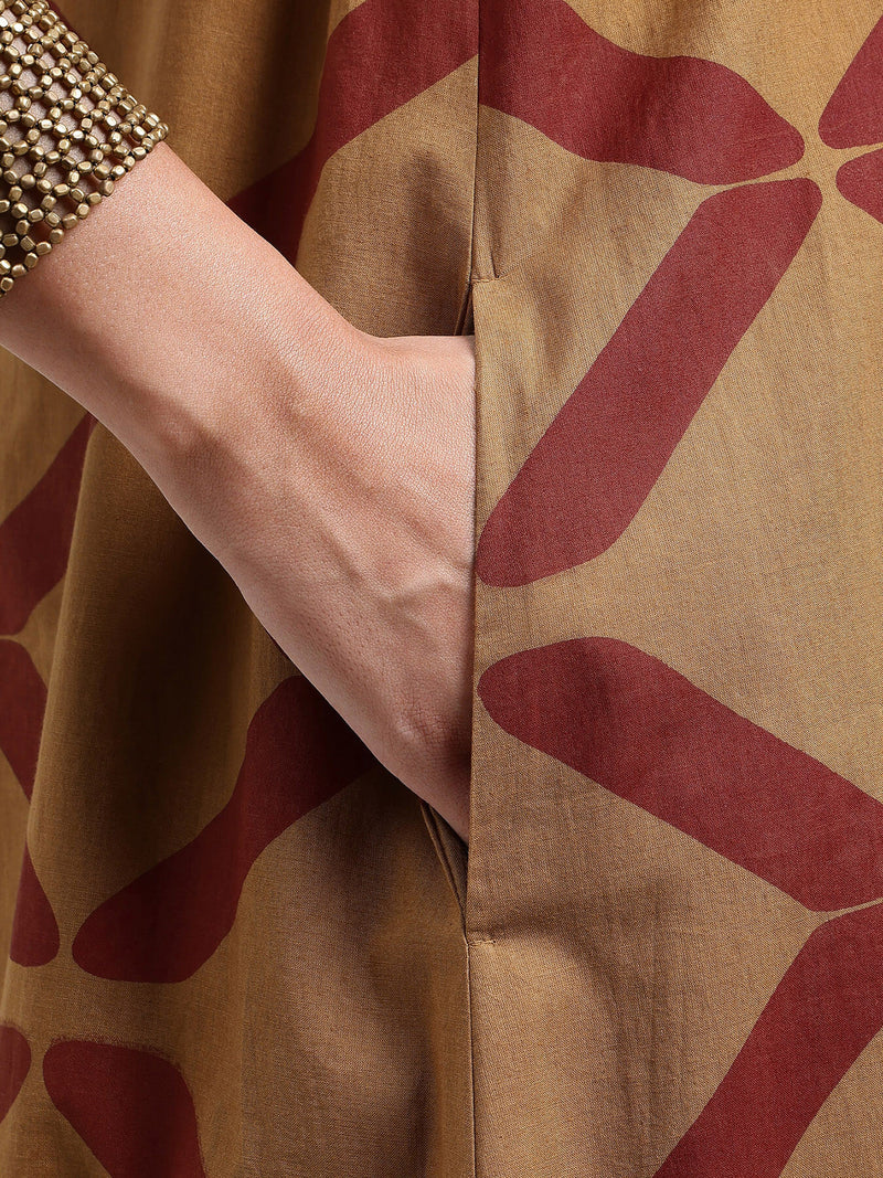 Cotton Geometric A-Line Dress - Mustard