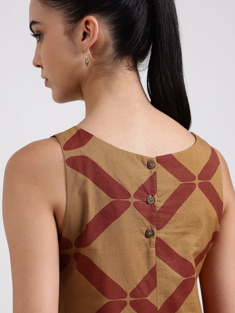Cotton Geometric A-Line Dress - Mustard