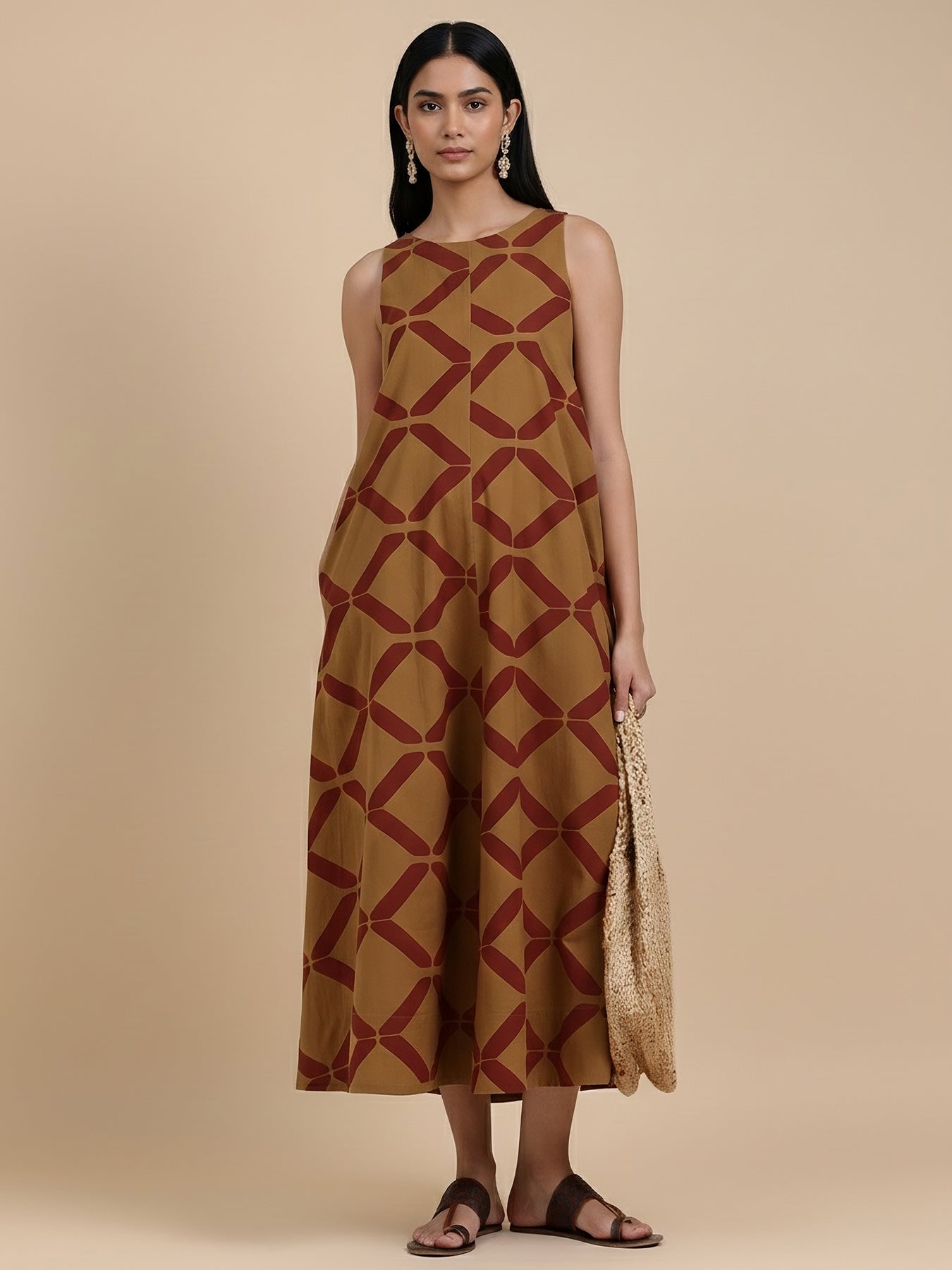 Cotton Geometric A-Line Dress - Mustard