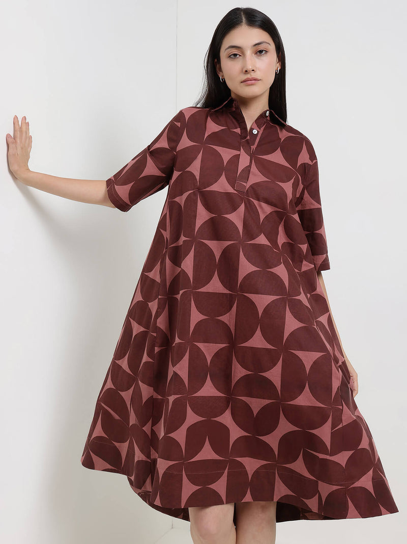 Cotton Geometric A-Line Dress - Burgundy