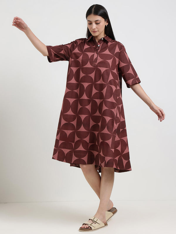 Cotton Geometric A-Line Dress - Burgundy