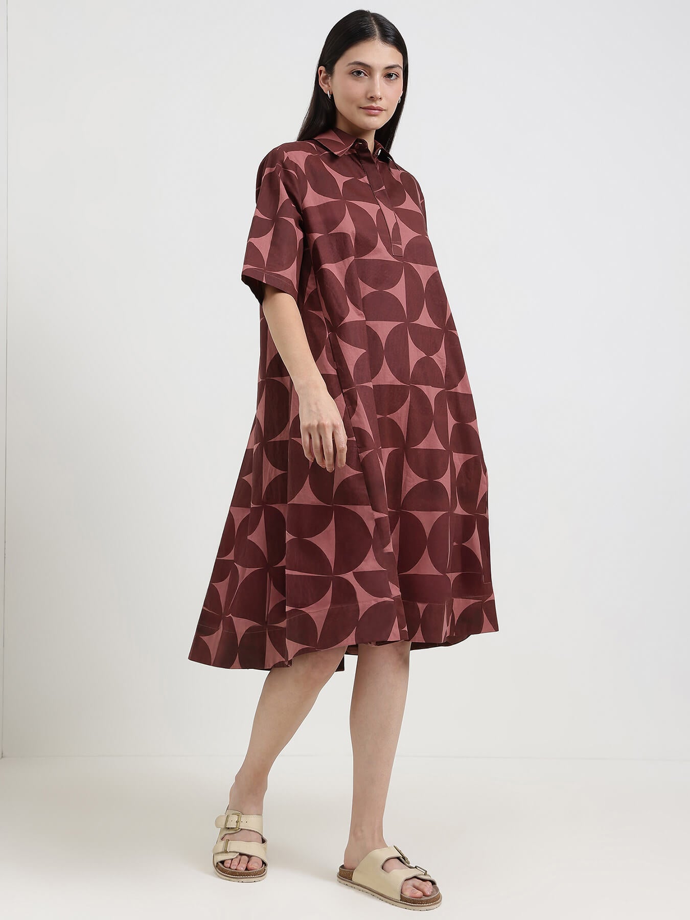 Cotton Geometric A-Line Dress - Burgundy